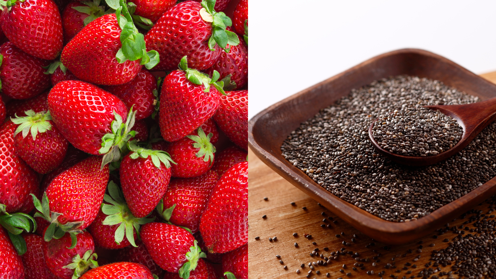 Fresh strawberry on one side and its tiny seeds on the other, symbolizing natural skincare benefits packed in every small detail.