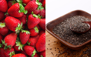Fresh strawberry on one side and its tiny seeds on the other, symbolizing natural skincare benefits packed in every small detail.
